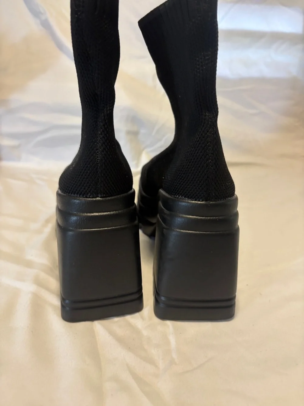 Black Platform Sock Boots - Women's Modern Chunky Heel - Picture 5 of 7